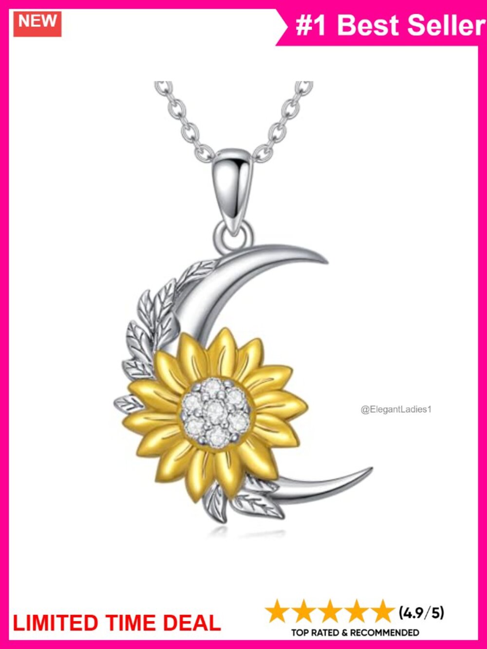Sterling Silver Sunflower Moon Pendant Necklace with Lab Grown Diamond
